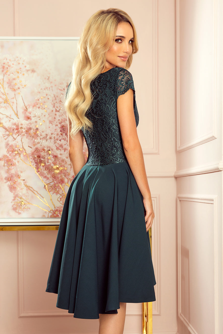 Numoco 300-5 PATRICIA - dress with longer back with lace neckline - green color-1