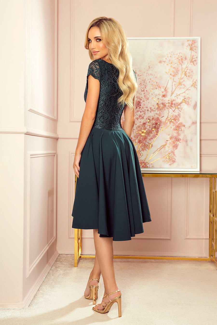 Numoco 300-5 PATRICIA - dress with longer back with lace neckline - green color-3
