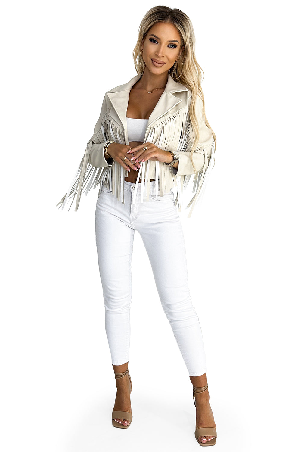Numoco Basic 624-1 Short jacket with fringes made of soft eco leather - beige