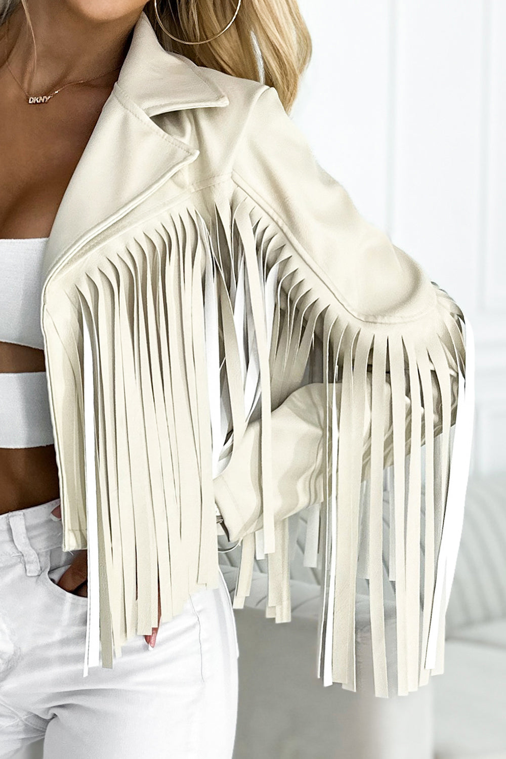 Numoco Basic 624-1 Short jacket with fringes made of soft eco leather - beige