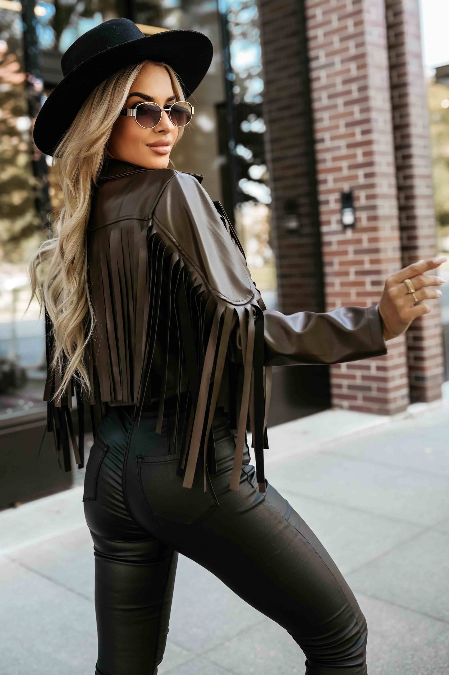 Numoco Basic 624-4 Short jacket with fringes made of soft eco-leather - chocolate