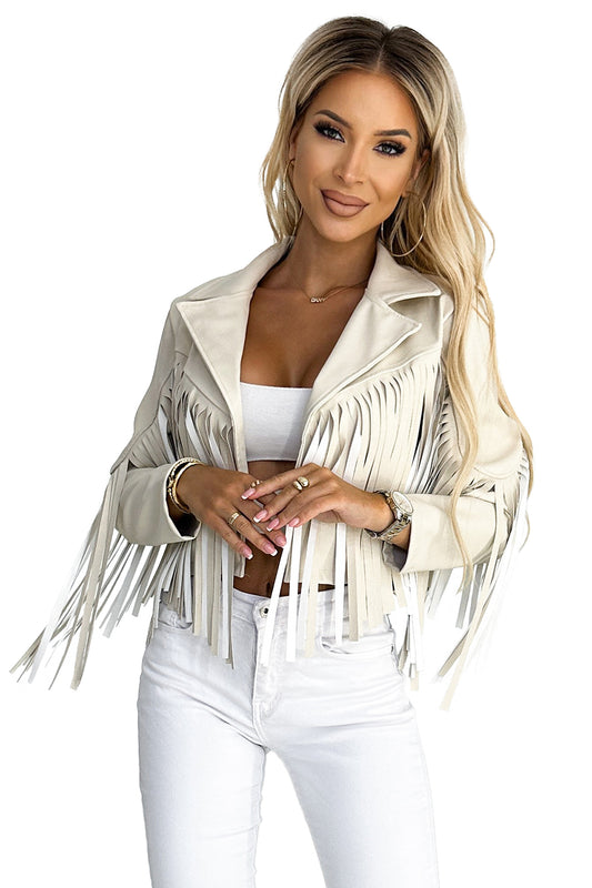 Numoco Basic 624-1 Short jacket with fringes made of soft eco leather - beige